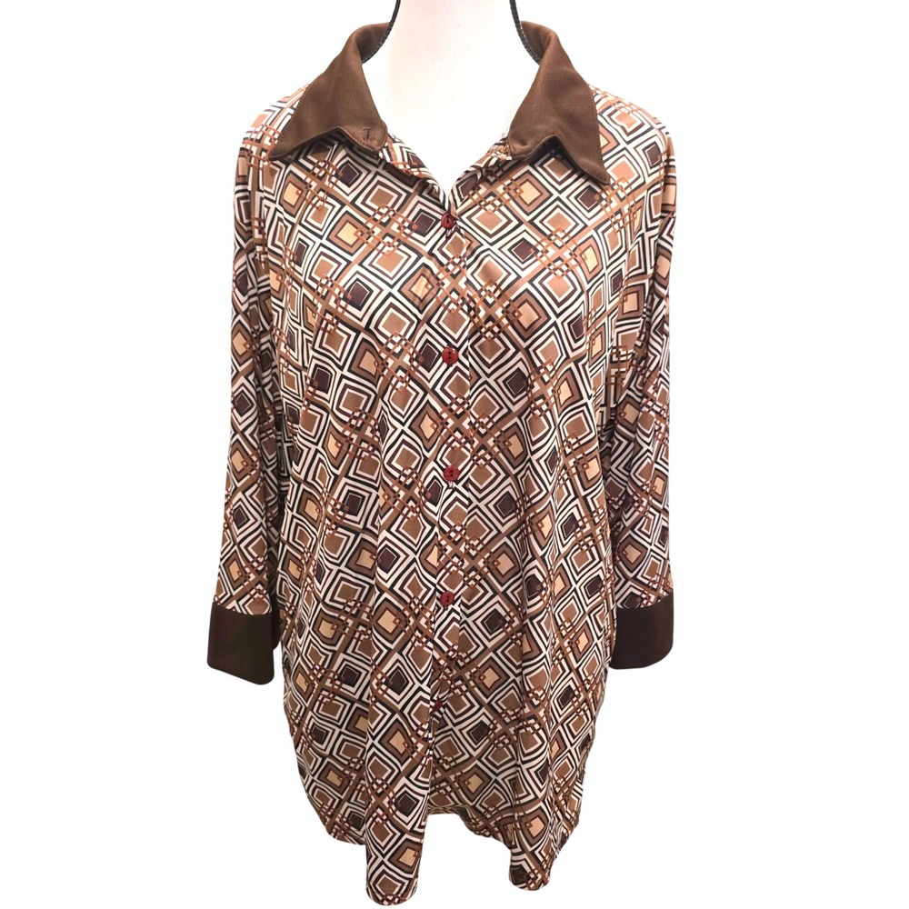 Vintage 70s 80s LA 405 Blouse Womens 2X Brown Geometric Mod Print Made USA